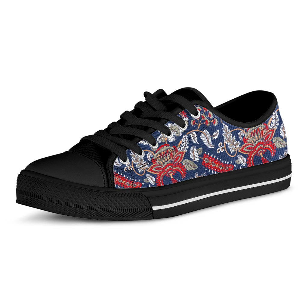 Blue Vintage Bohemian Floral Print Black Low Top Sneakers