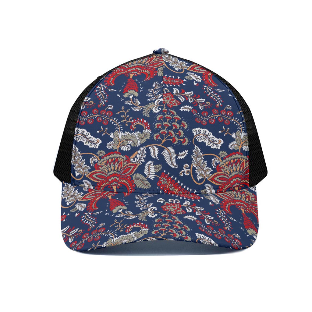 Blue Vintage Bohemian Floral Print Black Mesh Trucker Cap