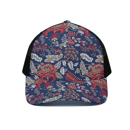 Blue Vintage Bohemian Floral Print Black Mesh Trucker Cap