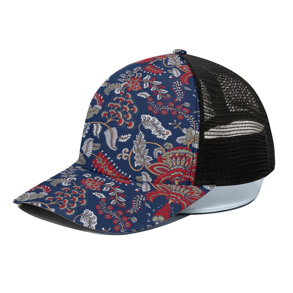 Blue Vintage Bohemian Floral Print Black Mesh Trucker Cap