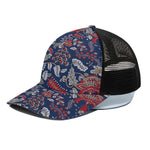 Blue Vintage Bohemian Floral Print Black Mesh Trucker Cap