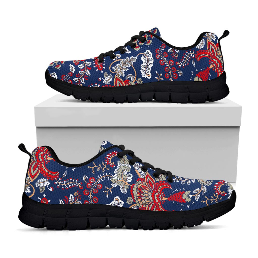 Blue Vintage Bohemian Floral Print Black Running Shoes