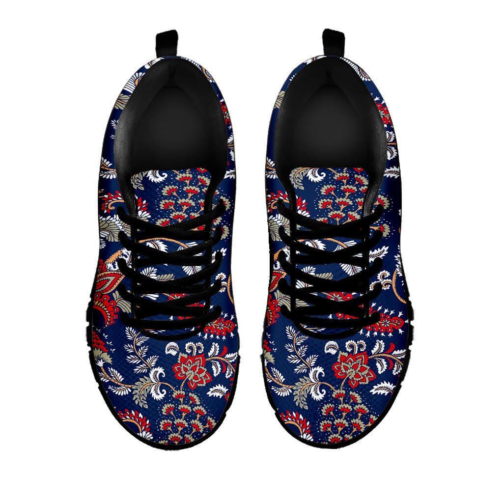Blue Vintage Bohemian Floral Print Black Running Shoes