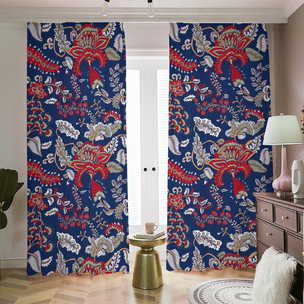 Blue Vintage Bohemian Floral Print Blackout Pencil Pleat Curtains