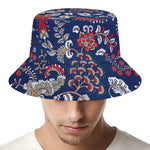 Blue Vintage Bohemian Floral Print Bucket Hat