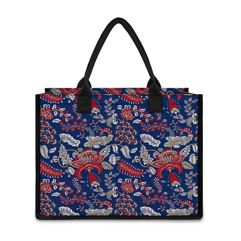 Blue Vintage Bohemian Floral Print Canvas Tote Bag