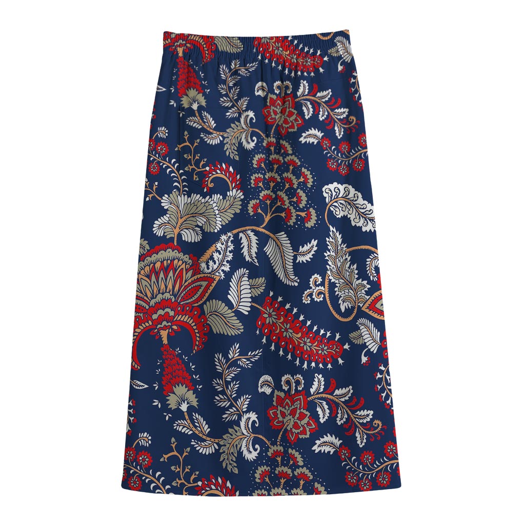 Blue Vintage Bohemian Floral Print Cotton Front Slit Maxi Skirt