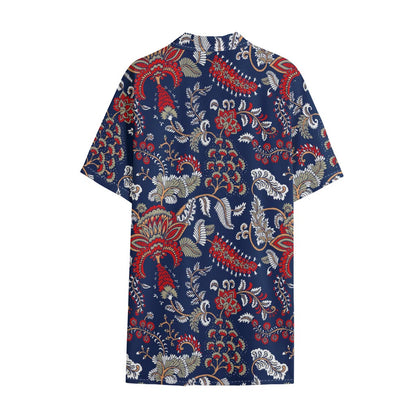 Blue Vintage Bohemian Floral Print Cotton Hawaiian Shirt