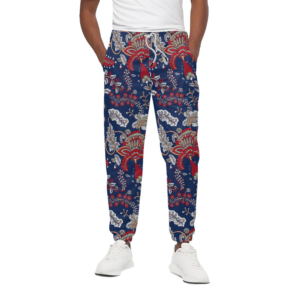 Blue Vintage Bohemian Floral Print Cotton Pants