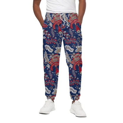 Blue Vintage Bohemian Floral Print Cotton Pants