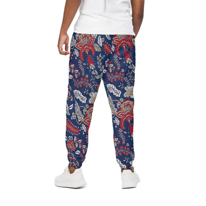 Blue Vintage Bohemian Floral Print Cotton Pants
