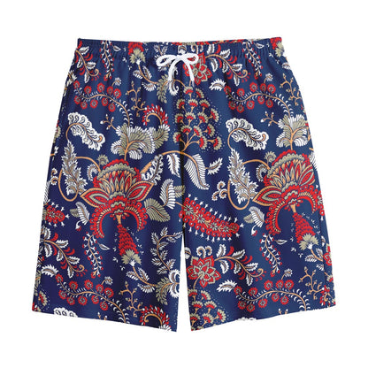 Blue Vintage Bohemian Floral Print Cotton Shorts