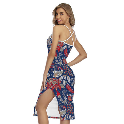 Blue Vintage Bohemian Floral Print Cross Back Cami Dress