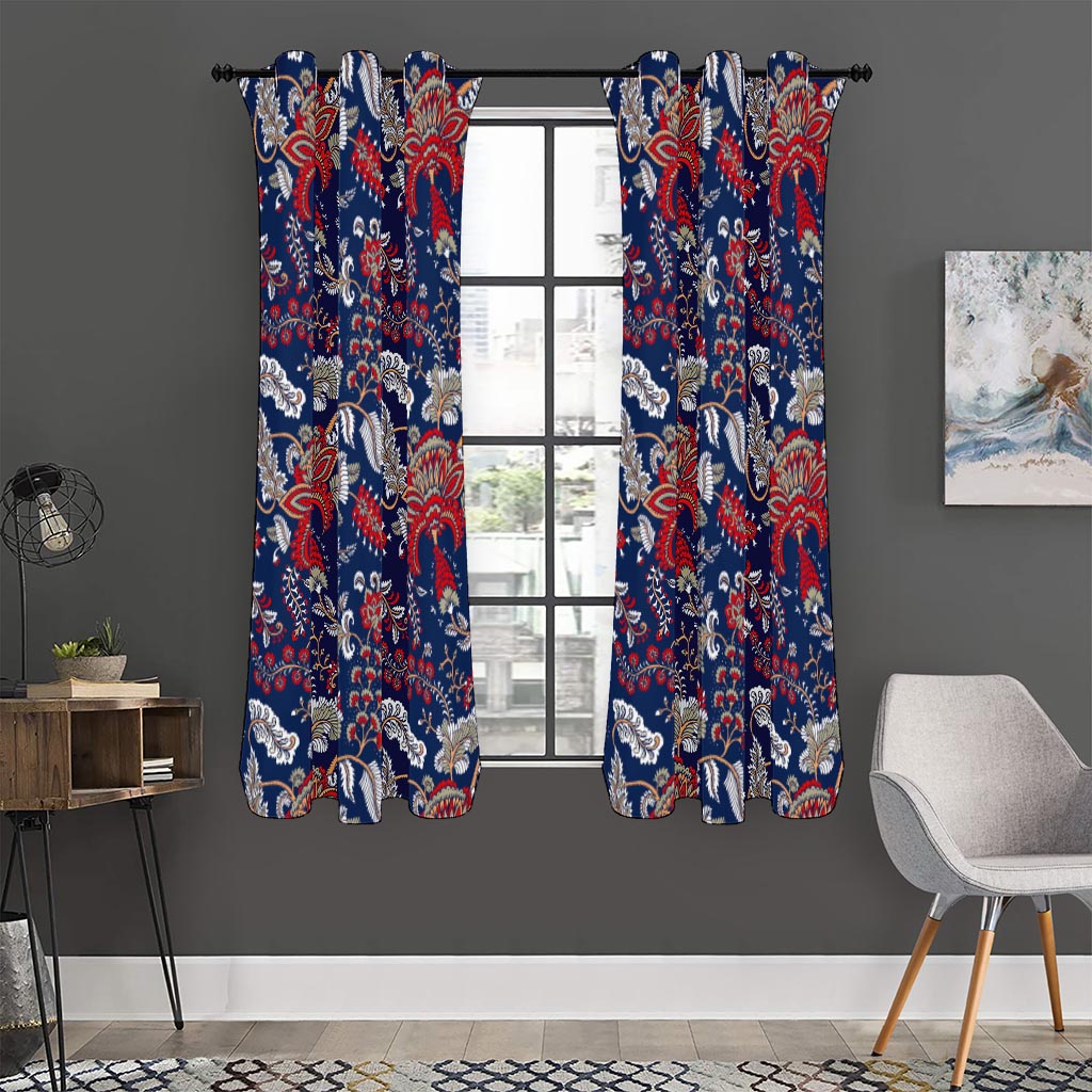 Blue Vintage Bohemian Floral Print Curtain