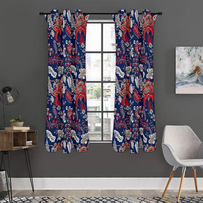 Blue Vintage Bohemian Floral Print Curtain