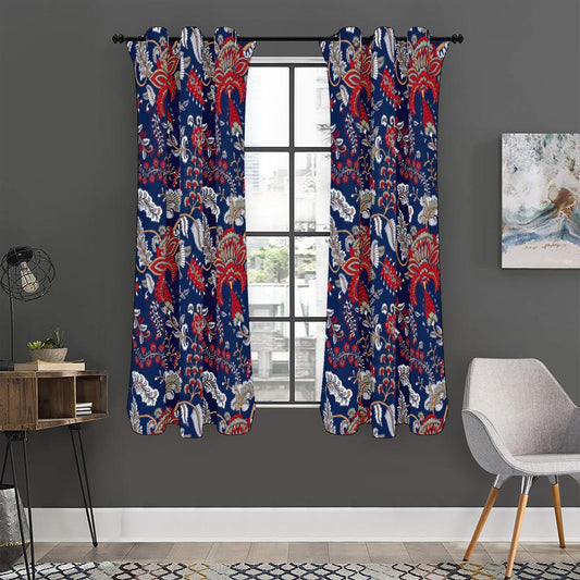 Blue Vintage Bohemian Floral Print Curtain