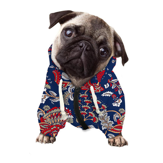 Blue Vintage Bohemian Floral Print Dog Zip Up Hoodie