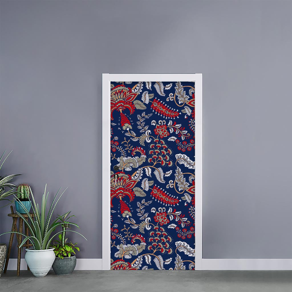 Blue Vintage Bohemian Floral Print Door Sticker