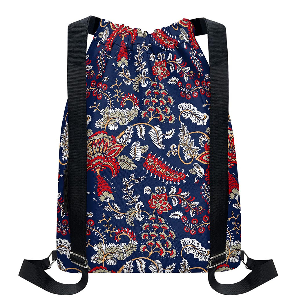 Blue Vintage Bohemian Floral Print Drawstring Backpack