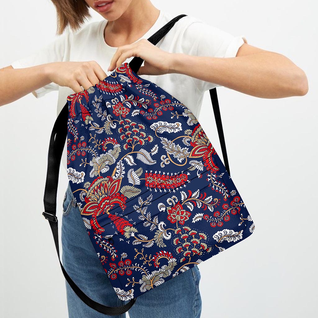 Blue Vintage Bohemian Floral Print Drawstring Backpack