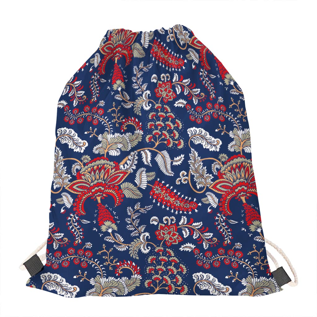 Blue Vintage Bohemian Floral Print Drawstring Bag