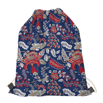 Blue Vintage Bohemian Floral Print Drawstring Bag