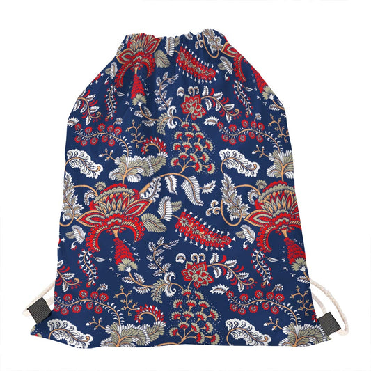 Blue Vintage Bohemian Floral Print Drawstring Bag