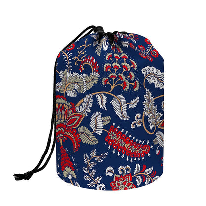 Blue Vintage Bohemian Floral Print Drawstring Makeup Bag