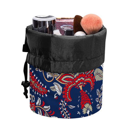 Blue Vintage Bohemian Floral Print Drawstring Makeup Bag