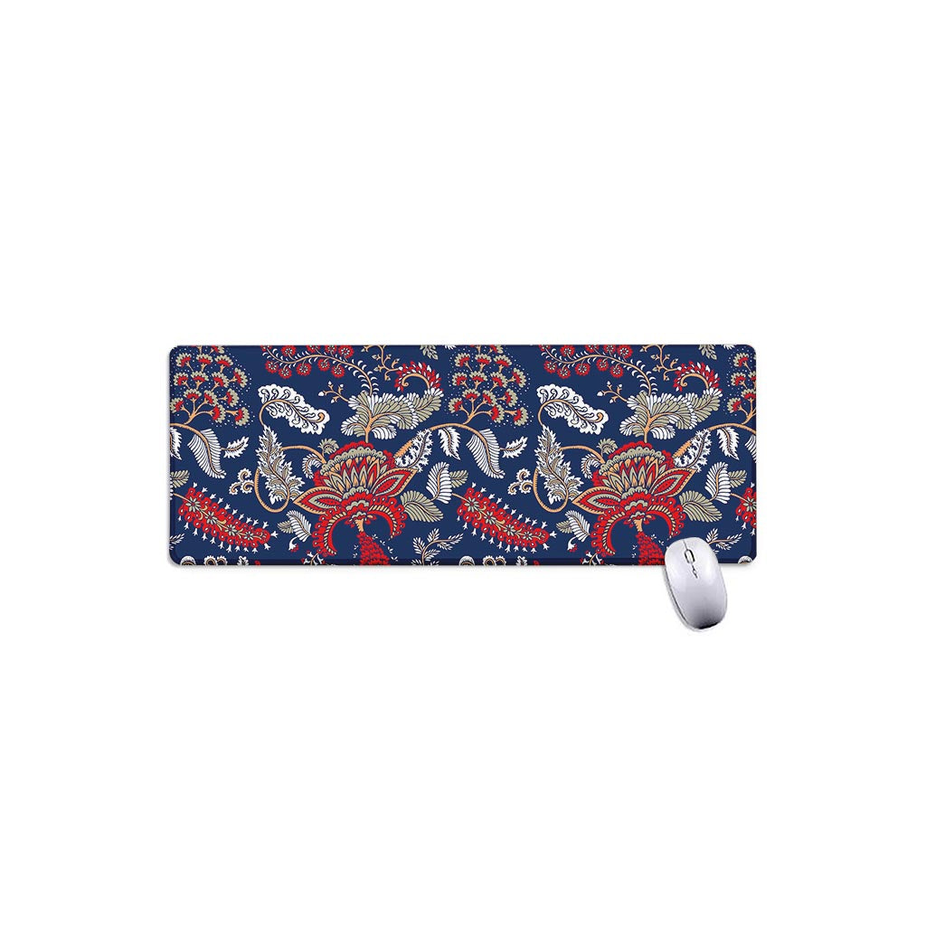 Blue Vintage Bohemian Floral Print Extended Mouse Pad