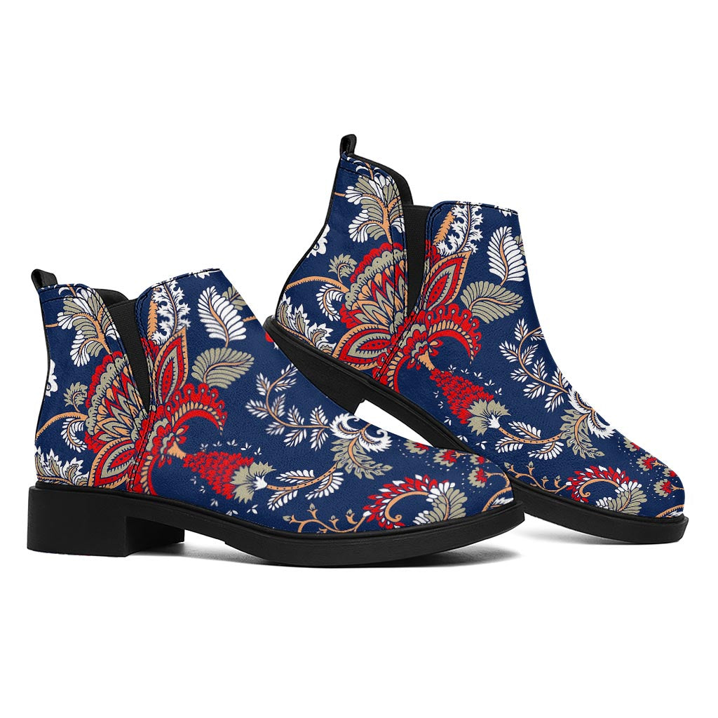 Blue Vintage Bohemian Floral Print Flat Ankle Boots