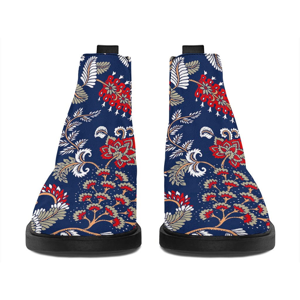 Blue Vintage Bohemian Floral Print Flat Ankle Boots