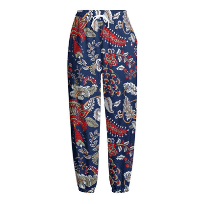 Blue Vintage Bohemian Floral Print Fleece Lined Knit Pants