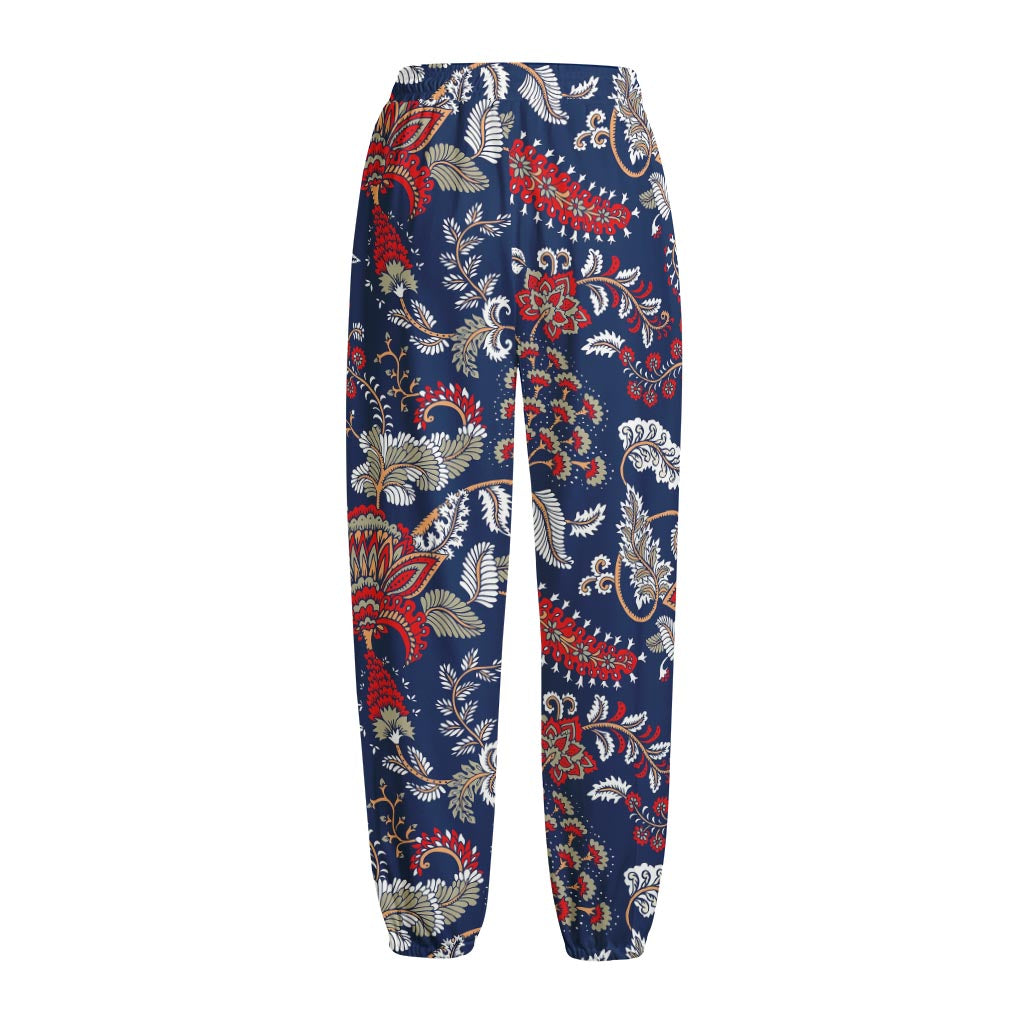 Blue Vintage Bohemian Floral Print Fleece Lined Knit Pants
