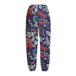 Blue Vintage Bohemian Floral Print Fleece Lined Knit Pants