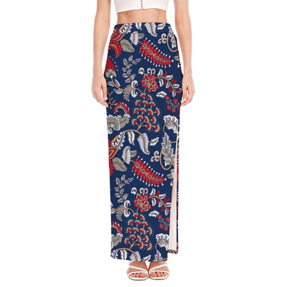 Blue Vintage Bohemian Floral Print High Slit Maxi Skirt