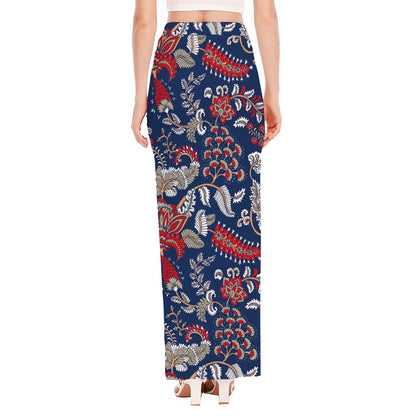 Blue Vintage Bohemian Floral Print High Slit Maxi Skirt