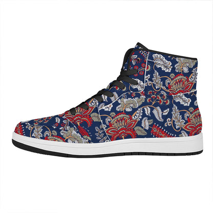 Blue Vintage Bohemian Floral Print High Top Leather Sneakers