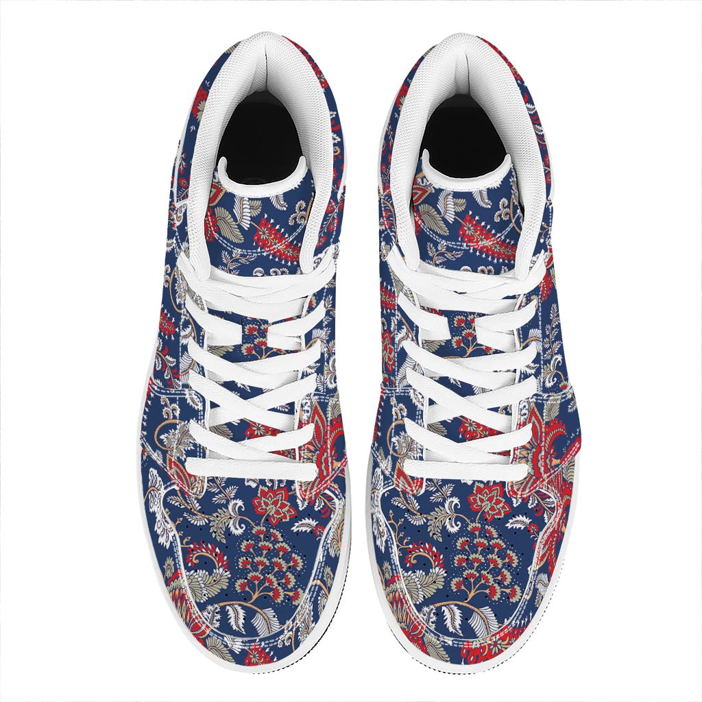 Blue Vintage Bohemian Floral Print High Top Leather Sneakers