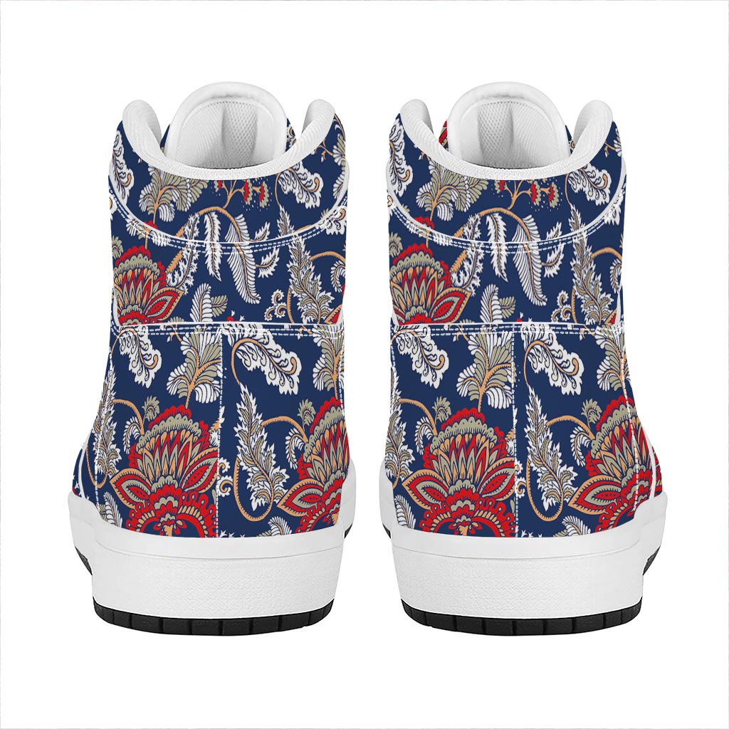 Blue Vintage Bohemian Floral Print High Top Leather Sneakers