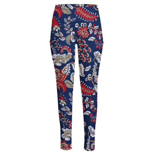 Blue Vintage Bohemian Floral Print High-Waisted Pocket Leggings