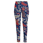 Blue Vintage Bohemian Floral Print High-Waisted Pocket Leggings