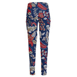 Blue Vintage Bohemian Floral Print High-Waisted Pocket Leggings