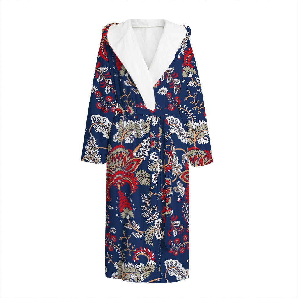 Blue Vintage Bohemian Floral Print Hooded Bathrobe