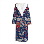 Blue Vintage Bohemian Floral Print Hooded Bathrobe