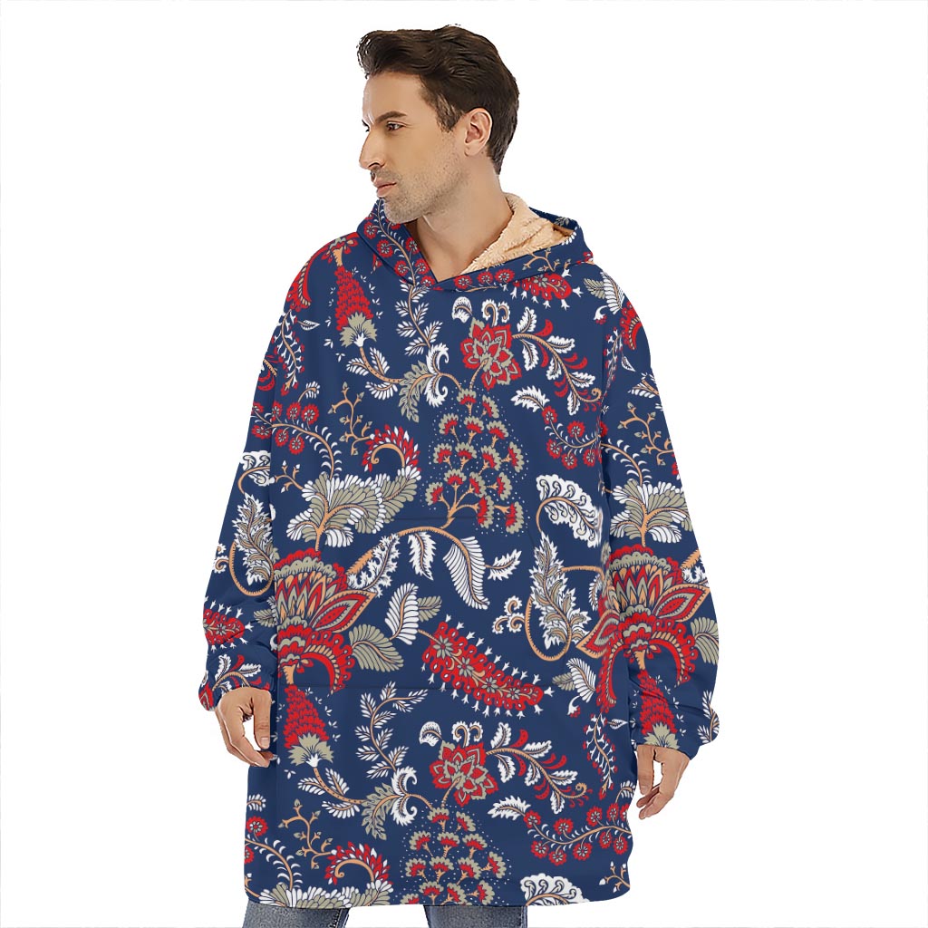 Blue Vintage Bohemian Floral Print Hoodie Blanket