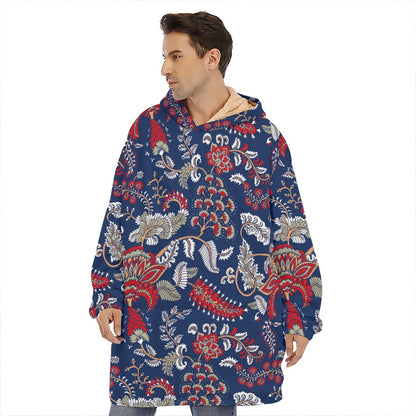 Blue Vintage Bohemian Floral Print Hoodie Blanket