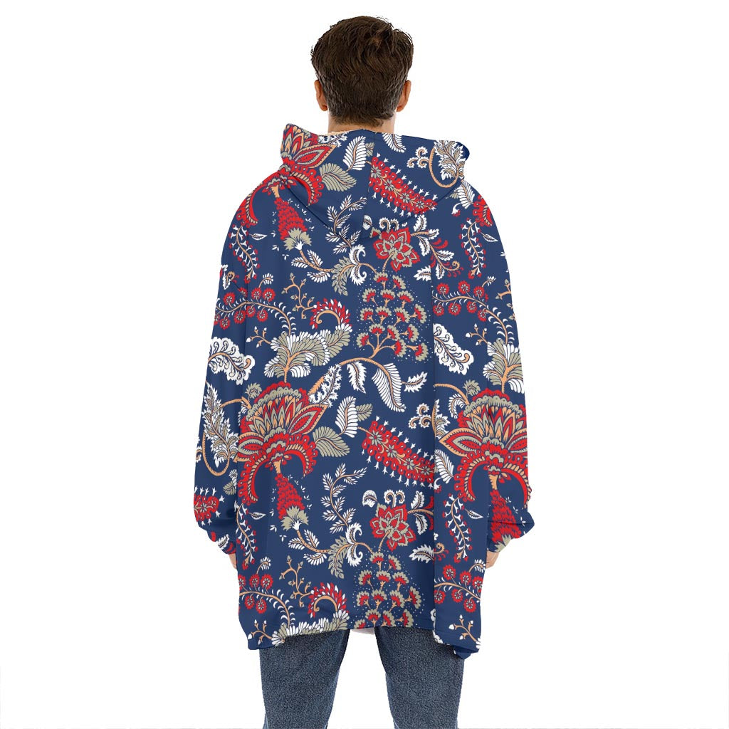 Blue Vintage Bohemian Floral Print Hoodie Blanket