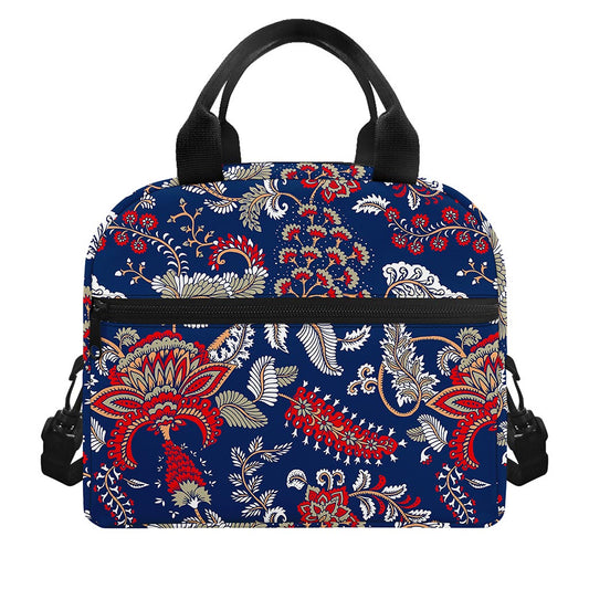 Blue Vintage Bohemian Floral Print Insulated Lunch Bag