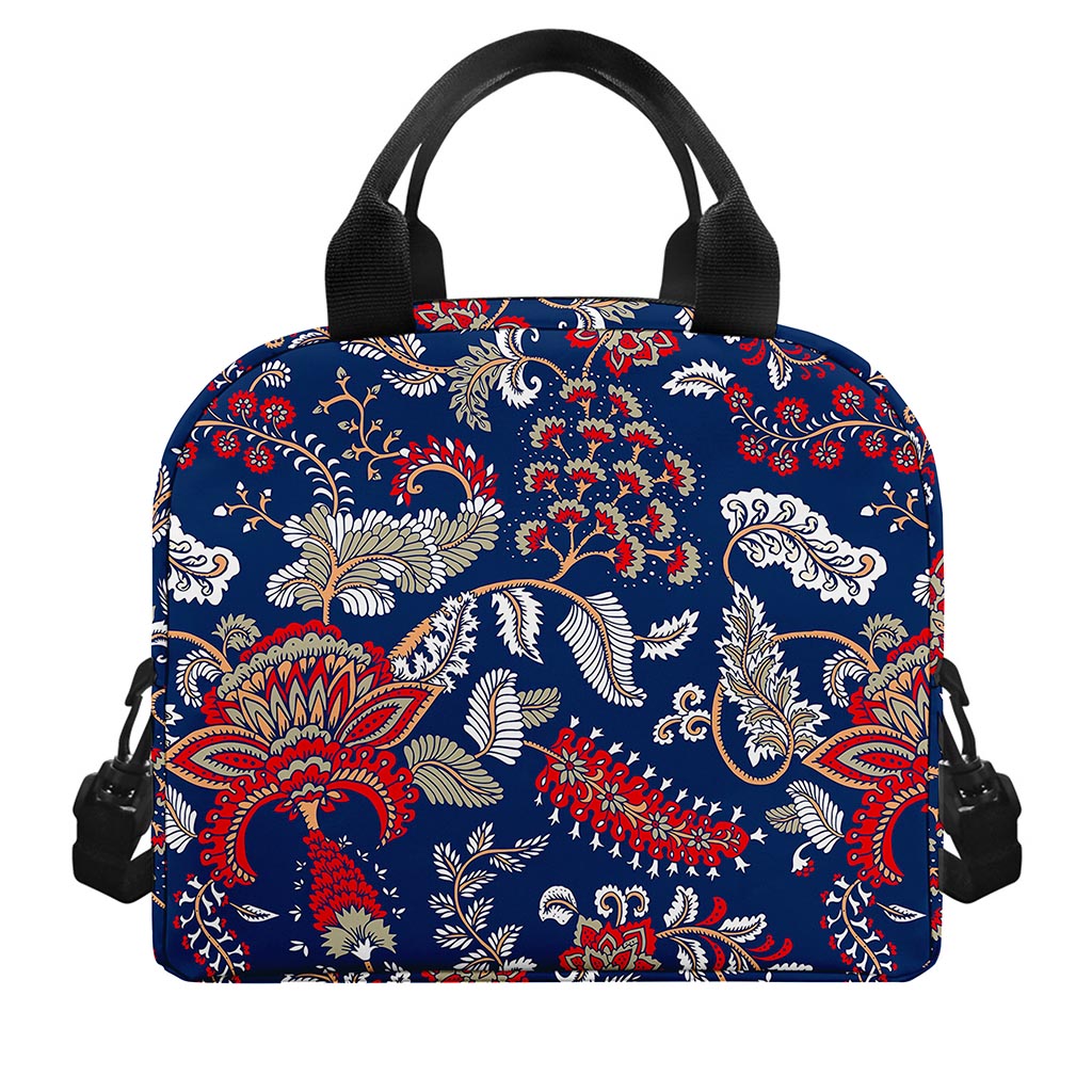 Blue Vintage Bohemian Floral Print Insulated Lunch Bag